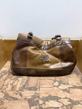 The Stone Vintage Two-Tone Brown Shoulder Purse with Floral Embroidery 14”x8.5”